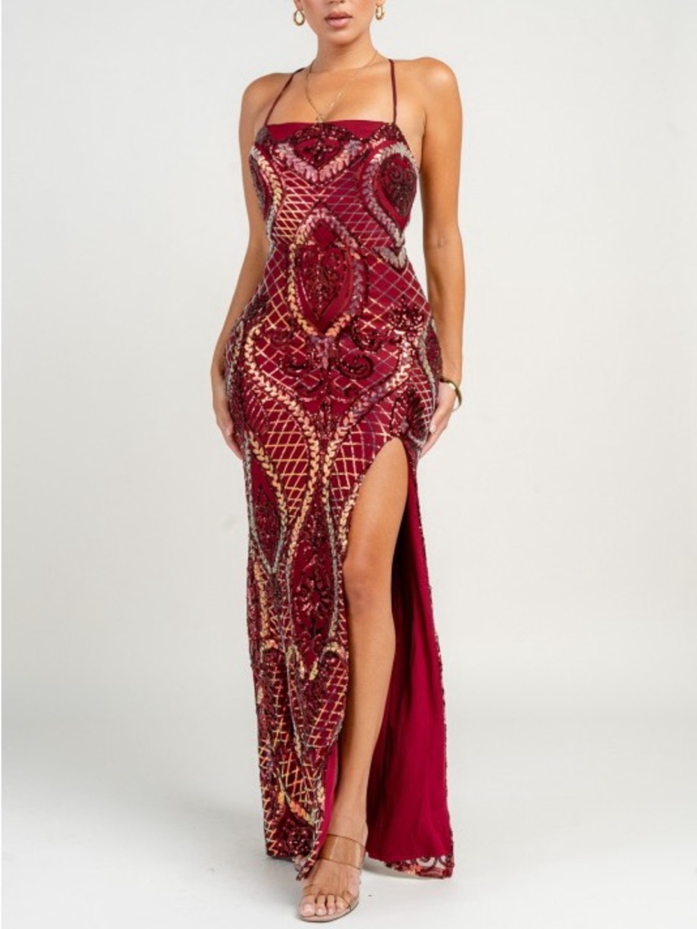 Elegant Sequins Burgundy Evening Dress w/High Slit HD30195E-1